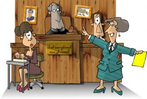 Cartoon courtroom scene with lawyer and judge