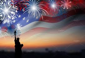 Statue of Liberty silhouette with flag and fireworks